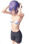  1girl adjusting_hair black_choker bra breasts chainsaw_man choker cowboy_shot green_eyes hair_between_eyes hair_bun highres medium_hair miura-n315 navel purple_hair reze_(chainsaw_man) shorts small_breasts solo underwear white_background white_bra 