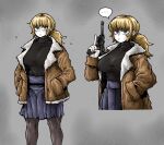  ... 1girl black_pantyhose black_sweater blonde_hair blue_skirt breasts brown_coat closed_mouth coat ekfh4rnrqkq fear_&amp;_hunger_2:_termina grey_background grey_eyes gun handgun hands_in_pockets highres holding holding_gun holding_weapon karin_(fear_&amp;_hunger) large_breasts long_hair long_sleeves looking_at_viewer open_clothes open_coat pantyhose pleated_skirt ponytail skirt spoken_ellipsis sweater turtleneck turtleneck_sweater weapon 