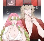  ! 1boy 1girl ? black_hair blonde_hair blood blood_on_face braid breasts cannibalism cleavage collarbone dango douma_(kimetsu_no_yaiba) eating eyeball flipped_hair food forked_eyebrows gradient_background gradient_hair green_hair hair_between_eyes hand_up hands_up height_difference highres holding holding_food japanese_clothes kanroji_mitsuri kimetsu_no_yaiba kimono large_breasts light_brown_hair long_hair long_sleeves looking_at_another looking_away mole mole_under_eye multicolored_eyes multicolored_hair noren obi onsen_symbol outside_border pectorals pink_hair print_hair rainbow_eyes red_hair red_kimono sainn1129 sanshoku_dango sash sideways_glance skewer spoken_exclamation_mark spoken_question_mark text_in_eyes two-tone_hair upper_body wagashi white_kimono 