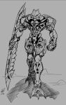  5_fingers ambiguous_gender armor bionicle brutaka claws digital_drawing_(artwork) digital_media_(artwork) ethandoesathing fingers hi_res holding_object humanoid large_weapon lego living_machine machine mask melee_weapon monochrome mouthless not_furry robot robot_humanoid simple_background solo standing toe_claws weapon 