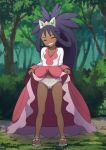  1girl black_hair blush breasts bush closed_eyes clothes_lift collarbone commentary_request commission dark-skinned_female dark_skin day eyelashes facing_viewer forest full_body grass grin hair_rings highres iris_(pokemon) knees kohatsuka lifted_by_self long_hair nature navel outdoors pink_skirt pixiv_commission pokemon pokemon_(game) pokemon_bw2 ponytail sandals shirt skirt skirt_lift small_breasts smile solo standing teeth tiara tree underwear v-neck white_shirt 