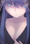  1girl absurdres blue_eyes breasts cleavage closed_mouth clothes_pull collarbone crossed_bangs eyelashes film_grain frown hair_over_one_eye highres hood hood_up large_breasts long_hair looking_at_viewer maplestory orangewink pulled_by_self purple_hair reincarnation_(maplestory) solo straight_hair tsurime upper_body 
