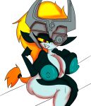  2022 armor big_breasts bottom_heavy breasts fangs female headgear headgear_only helmet helmet_only hi_res humanoid humanoid_pointy_ears imp looking_at_viewer midna nintendo nipples not_furry nsfwtheodore one_eye_obstructed open_mouth open_smile red_eyes simple_background smile solo teeth the_legend_of_zelda thick_thighs twili twilight_princess wide_hips 