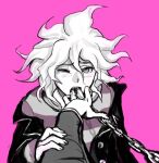  1boy chain collar danganronpa_(series) danganronpa_2:_goodbye_despair finger_sucking komaeda_nagito one_eye_closed outstretched_arm simple_background yandr4hope 