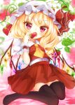  1girl absurdres ascot black_thighhighs blonde_hair blurry blurry_background blush breasts collared_shirt crystal eating flandre_scarlet flower food frilled_sleeves frills fruit full_body hat hat_ribbon head_tilt highres holding holding_food holding_fruit kuraudo leaf long_hair looking_at_viewer miniskirt mob_cap multicolored_wings no_shoes open_mouth pleated_skirt puffy_short_sleeves puffy_sleeves red_eyes red_ribbon red_skirt red_vest ribbon shirt short_sleeves sitting skirt small_breasts solo strawberry strawberry_background thighhighs touhou vest wariza white_flower white_headwear white_shirt wings wrist_cuffs yellow_ascot zettai_ryouiki 