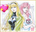  2022 2girls animification artist_name black_hairband black_sweater blonde_hair blue_eyes breasts cleavage collarbone commission frown green_jacket gwen_stacy hair_between_eyes hairband heart highres jacket kikuchi_michitaka long_hair looking_at_viewer marker_(medium) marvel mary_jane_watson medium_breasts multiple_girls print_shirt red_hair scan second-party_source shirt signature smile sparkle spider-man spider-man_(series) sweater traditional_media upper_body white_shirt 