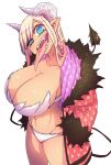  1girl aohada_bocchi black_tail blonde_hair blue_eyes breasts curvy demon_girl demon_horns fur_trim hand_in_pocket head_tilt heart heart_print highres horns huge_breasts jacket long_hair long_tongue navel pink_jacket pointy_ears revealing_clothes sera_(aohada_bocchi) sharp_teeth tail tan teeth thick_thighs thighs tongue tongue_out white_horns zyugoya 