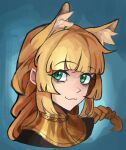  1girl :3 animal_ear_fluff animal_ears bags_under_eyes blonde_hair blunt_bangs braid commentary fire_emblem fire_emblem:_three_houses fox_ears green_eyes highres ingrid_brandl_galatea kemonomimi_mode long_hair looking_at_viewer saiykik smile solo 