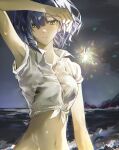  1girl blue_hair bocchi_the_rock! closed_mouth collared_shirt ear_piercing highres holding_fireworks mole mole_under_eye navel night ocean outdoors piercing shirt short_hair short_sleeves smile solo upper_body white_shirt yamada_ryo yellow_eyes zuzu_(wckd7545) 