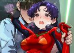  1boy 1girl arm_up blush brown_hair english_text hand_up heart heart-shaped_pupils holding_another&#039;s_wrist kaji_ryouji katsuragi_misato licking licking_ear long_hair neon_genesis_evangelion open_mouth parted_bangs plugsuit ponytail purple_hair shiny_clothes snegovski symbol-shaped_pupils teeth upper_teeth_only 
