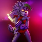  3d_(artwork) amqerica animatronic anthro bracelet collar digital_media_(artwork) ear_piercing fangs female five_nights_at_freddy&#039;s five_nights_at_freddy&#039;s:_security_breach jewelry looking_at_viewer machine montysrenders18 piercing robot roxanne_wolf_(fnaf) scottgames solo spiked_bracelet spiked_collar spikes steel_wool_studios teeth 