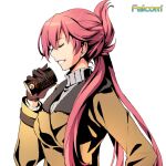  1girl can canned_coffee claieth closed_eyes coat eiyuu_densetsu falcom from_side fur_collar gloves holding holding_can long_hair official_art pink_hair ponytail portrait sara_valestein sen_no_kiseki simple_background solo sweater white_background 