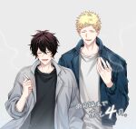  2boys black_hair black_shirt blonde_hair blue_jacket blush cigarette closed_eyes given grey_background grey_jacket grey_shirt highres holding holding_cigarette jacket kaji_akihiko male_focus multiple_boys murata_ugetsu open_mouth pinoli_(pinoli66) shirt simple_background smile smoke_trail upper_body 