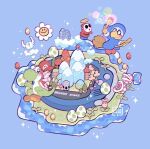  baby_mario blue_background broom broom_riding casting_spell coin commentary egg english_text floating flower flying game_boy_advance handheld_game_console holding holding_wand leaphere magikoopa mario_(series) mountain piranha_plant sharp_teeth shy_guy simple_background smile super_mario_world_2:_yoshi&#039;s_island teeth wand yoshi 