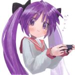  1girl black_bow blush bow character_name hair_bow handheld_game_console highres hiiragi_kagami holding holding_handheld_game_console light_smile long_hair long_sleeves looking_at_viewer lucky_star magan0301 purple_eyes purple_hair red_sailor_collar sailor_collar school_uniform shirt simple_background sleeve_cuffs twintails upper_body white_background white_shirt 