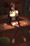  1girl absurdres alcohol arm_support ball bar_(place) bare_shoulders between_legs billiard_ball black_gloves black_thighhighs breasts brown_hair cleavage closed_mouth collarbone commentary elbow_gloves eyelashes feet final_fantasy final_fantasy_vii final_fantasy_vii_remake fingerless_gloves full_body gloves hand_between_legs highres indoors large_breasts legs long_hair looking_at_viewer midriff miniskirt navel no_shoes on_counter parted_bangs pink_eyes red_gloves romaji_commentary shadow sitting skirt smile solo sports_bra stirrup_legwear suspender_skirt suspenders swept_bangs thighhighs thighs tifa_lockhart toeless_legwear toenails toes white_sports_bra wooden_floor x_xith_x zettai_ryouiki 