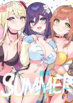  3girls :d bare_shoulders bikini black_bikini black_choker blonde_hair blue_bikini blue_choker blue_eyes blush breasts brown_hair choker cleavage closed_mouth collarbone commentary_request cover cover_page cowboy_shot dot_nose doujin_cover earrings flower front-tie_bikini_top front-tie_top green_eyes grin groin hair_between_eyes hair_flower hair_ornament halterneck hanamomo_yae_(hisen_kaede) hand_up highres hisen_kaede jacket jewelry konno_uzu_(hisen_kaede) large_breasts legs_together long_hair looking_at_viewer medium_hair multi-strapped_bikini multiple_girls navel off_shoulder open_clothes open_mouth open_shirt original out_of_frame parted_bangs pendant pink_eyes purple_hair raised_eyebrows red_flower shirt side-by-side side-tie_bikini_bottom smile stomach straight_hair strapless strapless_bikini string_bikini striped striped_bikini swept_bangs swimsuit teeth thigh_gap thighs tojo_senri_(hisen_kaede) two-tone_eyes v white_bikini white_jacket yellow_bikini yellow_jacket yellow_shirt 