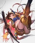  1girl black_ribbon boots brown_hair cross-laced_footwear fate/grand_order fate_(series) fingerless_gloves gloves highres ishtar_(fate) katana knee_boots lace-up_boots lack long_hair looking_at_viewer red_eyes ribbon smile solo space_ishtar_(fate) space_ishtar_(second_ascension)_(fate) sword thighs very_long_hair weapon white_background 