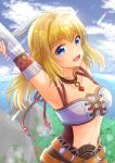  1girl blonde_hair blue_eyes breasts cloud commentary_request detached_sleeves fiora_(xenoblade) gomasho_asuka highres long_hair looking_at_viewer midriff open_mouth smile solo sparkle xenoblade_chronicles_(series) xenoblade_chronicles_1 