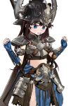  1girl armor blue_eyes blush brown_hair copyright_request cowboy_shot elisia_valfelto fingerless_gloves gloves helmet highres long_hair looking_down luicent open_mouth original shoulder_armor simple_background solo sweatdrop sword sword_on_back weapon weapon_on_back white_background 