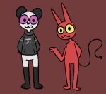  anthro bear black_eyes clothed clothing duo giant_panda humanoid imp looking_at_viewer male mammal purple_sclera red_background red_body silly_imp simple_background spade_tail tail white_body yellow_sclera 
