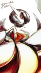  1girl ame_(metorui) bare_shoulders bob_cut character_name commentary_request dress elbow_gloves english_text flat_chest gardevoir gloves hair_over_one_eye highres long_dress looking_at_viewer mega_gardevoir mega_pokemon one_eye_covered open_mouth orange_eyes partial_commentary partially_colored pokemon pokemon_(creature) short_hair simple_background solo standing strapless strapless_dress white_background 