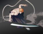  1boy absurdres bent_over black_pants black_sclera bleach blood colored_sclera furrowed_brow heterochromia highres holding holding_sword holding_weapon injury kurosaki_ichigo looking_at_viewer nanoli21 orange_eyes orange_hair pants sandals scowl simple_background solo_focus sword topless_male weapon 