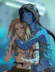  1boy 1girl alien arm_cuffs avatar:_the_way_of_water black_hair blue_skin blurry blurry_background braid braided_ponytail brown_hair closed_eyes colored_skin commentary dreadlocks english_commentary full-body_tattoo highres hug hug_from_behind interspecies james_cameron&#039;s_avatar jay_kuro kiri_(avatar) light_brown_hair long_hair medium_hair navel pointy_ears science_fiction short_hair_with_long_locks simple_background solo_focus spider_(avatar) tail tattoo teeth topless_male tribal upper_teeth_only 