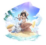  1girl absurdres animal_ears backlighting beach beach_chair beach_umbrella bikini black_bikini black_hair breasts cloud cloudy_sky dark-skinned_female dark_skin day fake_animal_ears hair_ornament highres long_hair looking_at_viewer mauxir_(snowbreak) mechanical_ears mole mole_under_eye official_alternate_costume official_art on_one_knee outdoors parted_lips sandals sarong shadow shanyao_jiang_tororo sideboob skindentation sky small_breasts snowbreak:_containment_zone solo strappy_heels swimsuit thigh_strap thighs umbrella water water_drop white_sarong yellow_eyes 