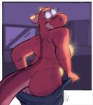 anthro bottomwear breasts clothed clothing dragon dragon_(sluggabed) eye_roll female genitals hi_res horn nipples pants pussy rear_view red_body red_scales scales scalie sketch sluggabed solo topless undressing 