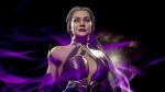  1girl asymmetrical_clothes bare_shoulders breasts center_opening cleavage collar detached_sleeves eyeshadow grey_eyes large_breasts long_hair looking_at_viewer makeup mortal_kombat_(series) mortal_kombat_11 non-web_source purple_eyeshadow purple_lips revealing_clothes sindel smile solo upper_body white_hair 