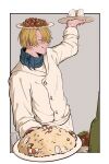  1boy apron blonde_hair blue_neckerchief blush buttons chef chimaaa333 closed_eyes double-breasted facial_hair food fried_rice grey_background grin hair_over_one_eye highres holding holding_plate jacket male_focus meatball neckerchief one_piece onigiri plate plate_on_head sanji_(one_piece) short_hair smile solo white_apron white_jacket 