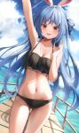  1girl :d absurdres animal_ear_fluff animal_ears arm_up bikini black_bikini blue_hair blue_sky blush breasts cloud cloudy_sky cowboy_shot day dutch_angle hair_bun highres hololive long_hair looking_at_viewer medium_breasts navel outdoors pier rabbit_ears rabbit_girl red_eyes scarlet_(wv0102) single_hair_bun sky smile solo swimsuit usada_pekora virtual_youtuber water 