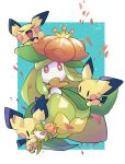  blue_background border closed_eyes highres lilligant no_humans open_mouth outside_border pichu pokemon pokemon_(creature) rakkonokawa simple_background spiky-eared_pichu white_border 