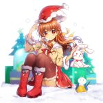  1girl blurry blurry_background blush boots box brown_hair brown_thighhighs chinese_commentary christmas christmas_tree closed_mouth commentary_request floating_hair full_body fur-trimmed_boots fur-trimmed_sleeves fur_trim gift gift_box hair_between_eyes hair_ribbon half_updo hand_up hat headpat highres jacket legs_together lliissaawwuu2 long_hair long_sleeves looking_at_viewer miniskirt nagamori_mizuka one_-_kagayaku_kisetsu_e rabbit red_eyes red_ribbon red_skirt ribbon sailor_collar santa_boots santa_hat school_uniform simple_background skirt smile snowing snowman solo stuffed_animal stuffed_toy thighhighs thighs visible_air wavy_hair white_background white_fur white_sailor_collar winter yellow_jacket yellow_ribbon zettai_ryouiki 