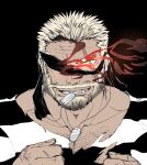  1boy balor_(housamo) bara beard black_hair blonde_hair blue_eyes chest_hair dark-skinned_male dark_skin dog_tags eyepatch facial_hair fangs flaming_eye gradient_hair grin large_pectorals looking_at_viewer loose_headband male_focus mature_male multicolored_hair muscular muscular_male necklace_in_mouth pectoral_cleavage pectorals portrait prison_clothes scar scar_across_eye shirt short_hair smile solo tekkyuu_d tokyo_afterschool_summoners torn_clothes torn_shirt two-tone_hair 