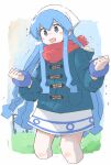  1girl alternate_costume blue_coat blue_eyes blue_hair blush border bracelet breath buttergirl_02 clenched_hands coat commentary_request cropped_legs dress fur-trimmed_hood fur_trim hat highres hood hood_down hooded_coat ikamusume jewelry long_hair long_sleeves looking_ahead open_mouth outside_border red_scarf scarf shinryaku!_ikamusume short_dress solo squid_hat tentacle_hair trembling w_arms white_border white_dress white_headwear winter_clothes winter_coat 