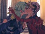  2girls armor artist_name blurry blurry_background blush breasts byleth_(female)_(fire_emblem) byleth_(fire_emblem) cape dress edelgard_von_hresvelg fake_horns fire_emblem fire_emblem:_three_houses green_hair grey_hair hand_on_another&#039;s_cheek hand_on_another&#039;s_face holding_hands horns kiss kurosukenekocha medium_breasts messy_hair mixed-language_commentary multiple_girls red_dress sweatdrop yuri 