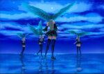  4girls alternate_hairstyle blue_hair blue_sky blue_theme boots clone detached_sleeves from_behind grey_shirt hair_wings hatsune_miku highres multiple_girls n00dlesandwitch shirt shoulder_tattoo skirt sky sleeveless sleeveless_shirt standing standing_on_liquid star_(sky) tattoo thigh_boots thighhighs vocaloid walking walking_on_liquid 