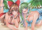  2girls beach bikini blue_bikini blue_eyes blush bow breasts brown_eyes brown_hair cleavage closed_mouth collarbone feet_up frilled_bow frilled_hair_tubes frills frog_hair_ornament hair_bow hair_ornament hair_tubes hakurei_reimu hand_on_own_cheek hand_on_own_face kochiya_sanae large_breasts light_smile looking_at_viewer lying maccha_xxxxxx marker_(medium) multiple_girls on_ground on_stomach open_mouth outdoors red_bikini red_bow sample_watermark snake_hair_ornament soles swimsuit teeth the_pose touhou traditional_media upper_teeth_only water 