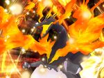 alternate_color breathing_fire bright_pupils charizard claws commentary_request dragon fangs fire gigantamax gigantamax_charizard highres horns looking_down open_mouth pokemon red_eyes shiny_pokemon uyumaru_art white_pupils 