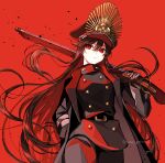  1girl belt black_coat black_hair black_pants closed_mouth coat fate/grand_order fate_(series) gun hair_between_eyes hands_in_pockets hat hi_(wshw5728) highres holding holding_weapon koha-ace long_hair looking_at_viewer military_hat military_uniform musket oda_nobunaga_(fate) oda_nobunaga_(koha-ace) oda_uri open_clothes open_coat over_shoulder pants peaked_cap red_background red_eyes signature solo twitter_username uniform very_long_hair weapon weapon_over_shoulder 