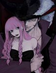  1boy 1girl bat_tattoo beard black_hair breasts dracule_mihawk facial_hair haebo_fa hat highres large_breasts long_hair makeup mustache one_piece perona pink_hair tattoo 