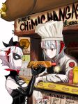  2girls alternate_costume ambience_synesthesia arknights black_gloves breasts chef_hat closed_mouth dual_persona dynamite eating elbow_gloves explosive food gloves grey_hair hat holding holding_food horns ketchup_bottle large_breasts multiple_girls new_unchiman official_alternate_costume red_eyes short_hair upper_body w_(arknights) white_headwear 