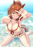  1girl alternate_costume animal_ears armpits arms_up aston_machan_(umamusume) bare_shoulders barefoot bikini blush breasts brown_hair cleavage closed_mouth commentary_request ear_ornament front-tie_bikini_top front-tie_top green_eyes highres horse_ears large_breasts looking_at_viewer ocean one_eye_closed outdoors partially_submerged ponytail sitting smile solo swimsuit umamusume wariza water wet white_bikini zenrakishi 
