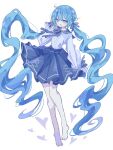  1girl absurdly_long_hair alternate_costume aqua_hair arm_at_side bare_legs barefoot blue_eyes blue_ribbon blue_skirt blush double-parted_bangs frilled_sleeves frills full_body futaba969649 hair_ornament hair_ribbon hand_up hatsune_miku long_hair long_sleeves looking_at_viewer neck_ribbon open_mouth puffy_long_sleeves puffy_sleeves ribbon shirt simple_background skirt smile solo standing striped striped_ribbon twintails very_long_hair vocaloid white_background white_shirt x_hair_ornament 