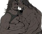  2boys abs artist_name bara bare_pectorals beard blush closed_eyes clothes_lift eugen_(granblue_fantasy) facial_hair goatee granblue_fantasy large_pectorals looking_at_another male_focus mature_male medium_hair multiple_boys muscular muscular_male nipples pectorals rybiok smile tank_top topless_male yaoi yngwie 