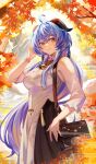  1girl absurdres ahoge autumn_leaves bag bell black_skirt blue_hair breasts chen_ying_(alan-yut) dress ganyu_(genshin_impact) ganyu_(heytea)_(genshin_impact) genshin_impact handbag highres horns light_smile long_hair looking_at_viewer medium_breasts neck_bell official_alternate_costume purple_eyes see-through see-through_sleeves shirt sidelocks skirt solo standing white_wristband 