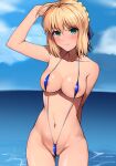  1girl ahoge ai-assisted alternate_costume annoyed areola_slip arm_behind_back arm_up artoria_pendragon_(fate) beach bikini blonde_hair blue_bikini blush braid breasts closed_mouth commentary fate/stay_night fate_(series) frown green_eyes haruhisky highres looking_at_viewer medium_breasts micro_bikini navel outdoors ribbon saber short_hair sidelocks slingshot_swimsuit solo standing stomach sweatdrop swimsuit 