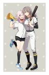  2girls :d :o absurdres baseball_bat baseball_uniform belt black_belt black_choker black_footwear black_shorts black_socks breasts choker commentary full_body grey_hair hair_between_eyes height_difference highres holding holding_baseball_bat honkai:_star_rail honkai_(series) light_blush looking_at_viewer march_7th_(honkai:_star_rail) medium_breasts medium_hair multiple_girls natsuki_(2917) one_eye_closed open_mouth pants pink_hair shirt shorts small_breasts smile socks sportswear standing star_(symbol) stelle_(honkai:_star_rail) symbol-only_commentary trailblazer_(honkai:_star_rail) twitter_username v white_footwear white_pants white_shirt yellow_eyes 